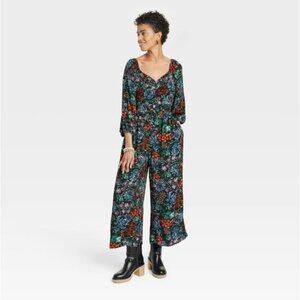 Knox Rose Women's XL Puff 3/4 Sleeve Loose Jumpsuit Straight Fit Black Floral